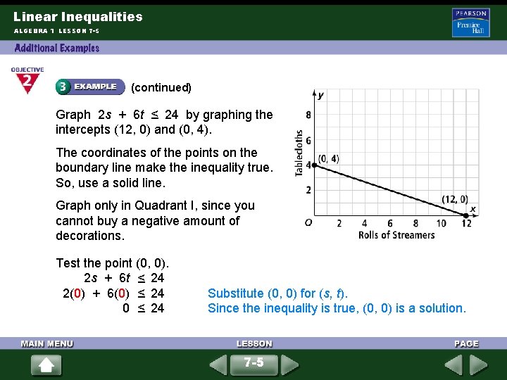 Linear Inequalities ALGEBRA 1 LESSON 7 -5 (continued) Graph 2 s + 6 t