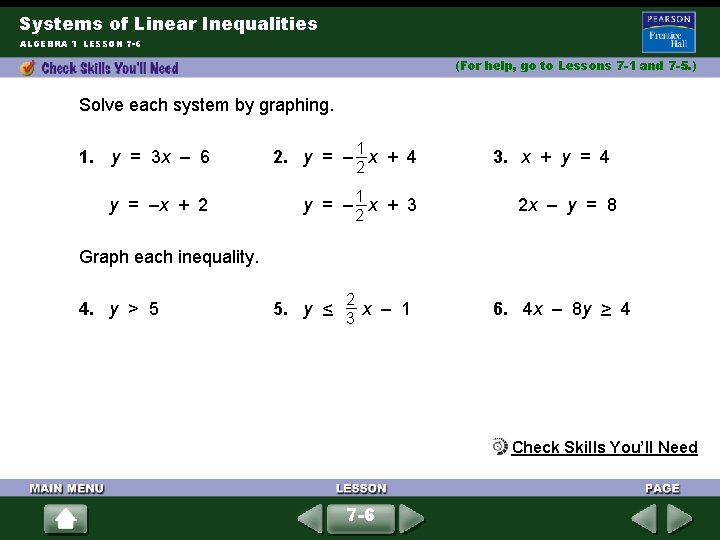 Systems of Linear Inequalities ALGEBRA 1 LESSON 7 -6 (For help, go to Lessons