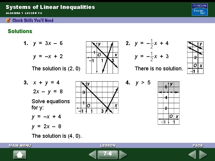 Systems of Linear Inequalities ALGEBRA 1 LESSON 7 -6 Solutions 1. y = 3