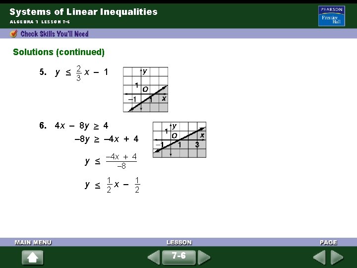 Systems of Linear Inequalities ALGEBRA 1 LESSON 7 -6 Solutions (continued) 2 5. y
