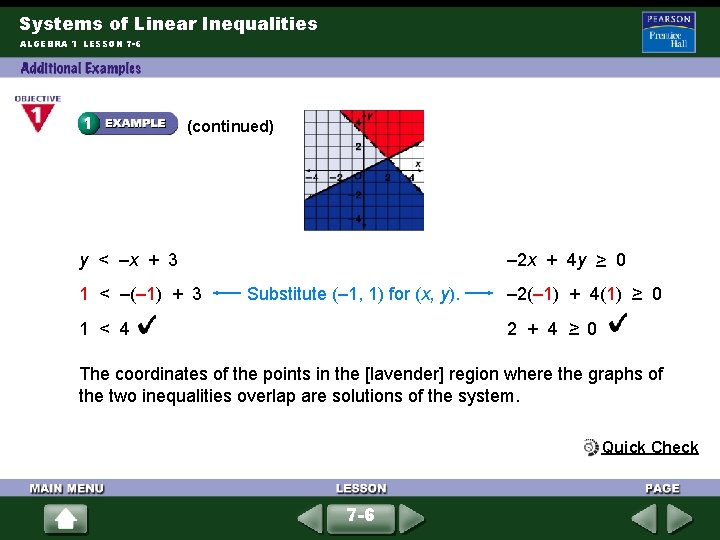 Systems of Linear Inequalities ALGEBRA 1 LESSON 7 -6 (continued) y < –x +