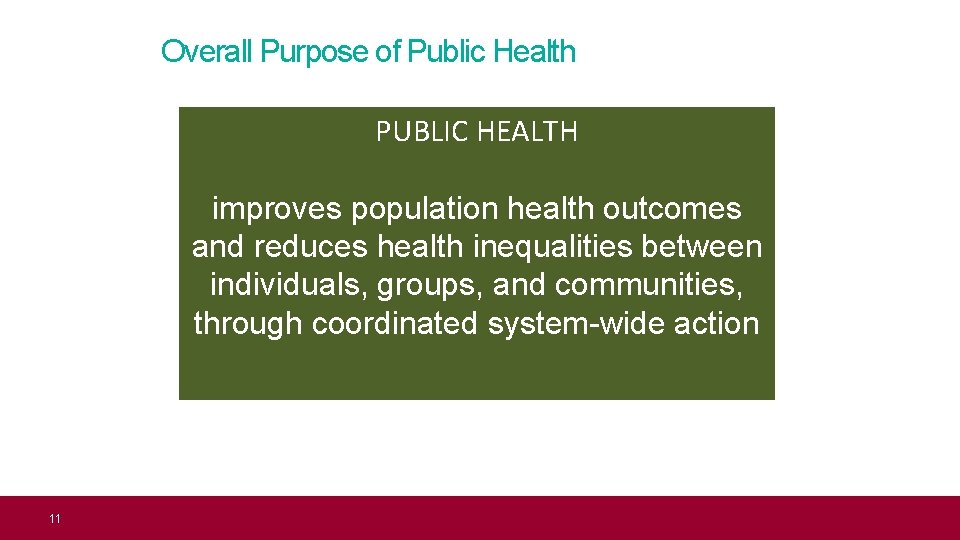 Overall Purpose of Public Health PUBLIC HEALTH improves population health outcomes and reduces health
