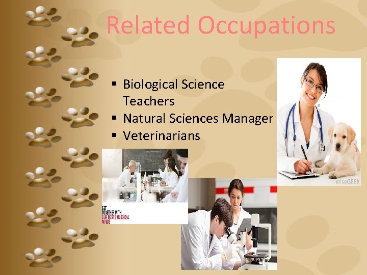 Related Occupations § Biological Science Teachers § Natural Sciences Manager § Veterinarians 
