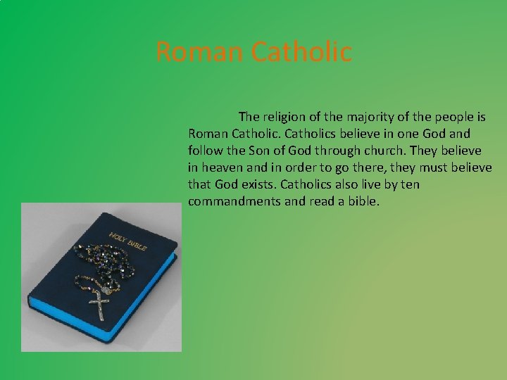 Roman Catholic The religion of the majority of the people is Roman Catholics believe