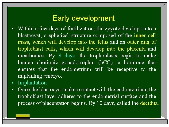 Early development Within a few days of fertilization, the zygote develops into a blastocyst,