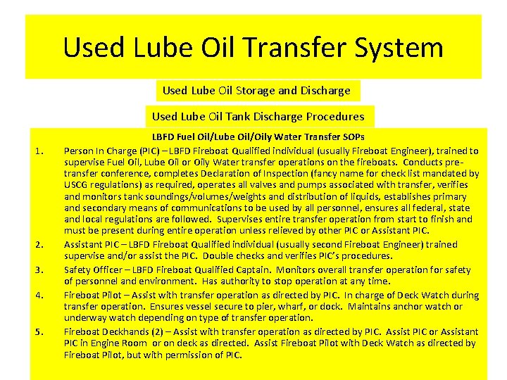 Used Lube Oil Transfer System Used Lube Oil Storage and Discharge Used Lube Oil