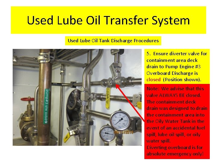 Used Lube Oil Transfer System Used Lube Oil Tank Discharge Procedures 5. Ensure diverter