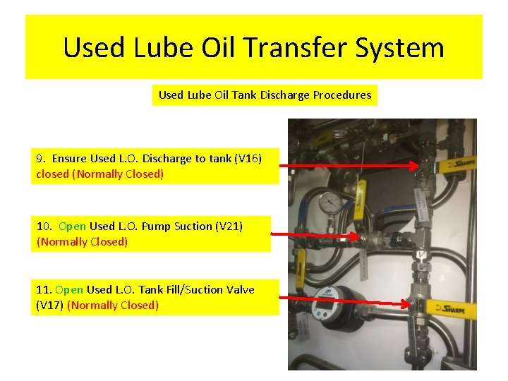 Used Lube Oil Transfer System Used Lube Oil Tank Discharge Procedures 9. Ensure Used
