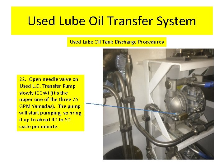 Used Lube Oil Transfer System Used Lube Oil Tank Discharge Procedures 22. Open needle