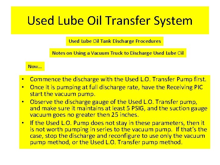 Used Lube Oil Transfer System Used Lube Oil Tank Discharge Procedures Notes on Using