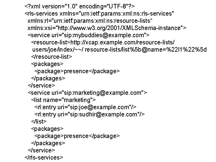 <? xml version="1. 0" encoding="UTF-8"? > <rls-services xmlns="urn: ietf: params: xml: ns: rls-services" xmlns: