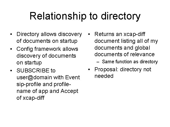 Relationship to directory • Directory allows discovery of documents on startup • Config framework