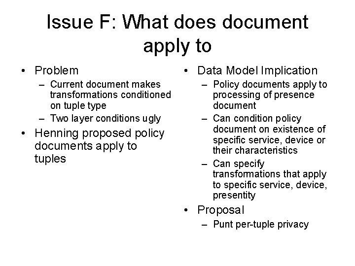 Issue F: What does document apply to • Problem – Current document makes transformations