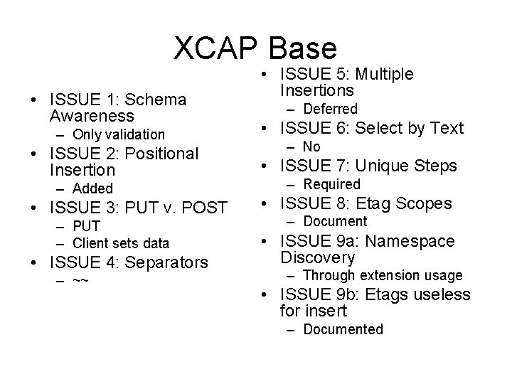 XCAP Base • ISSUE 1: Schema Awareness • ISSUE 5: Multiple Insertions – Deferred