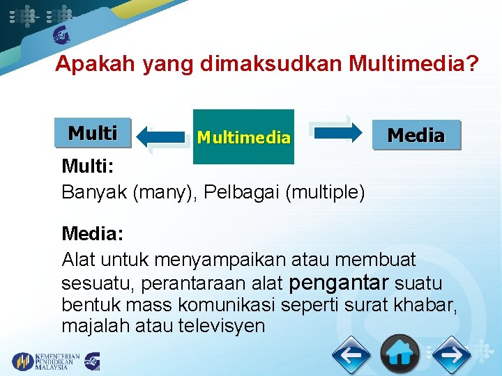 Apakah yang dimaksudkan Multimedia? Multimedia Multi: Banyak (many), Pelbagai (multiple) Media: Alat untuk menyampaikan