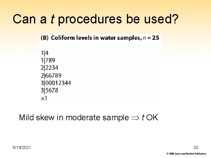 Can a t procedures be used? Mild skew in moderate sample t OK 5/19/2021