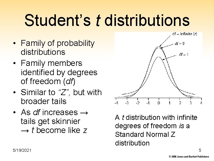 Student’s t distributions • Family of probability distributions • Family members identified by degrees