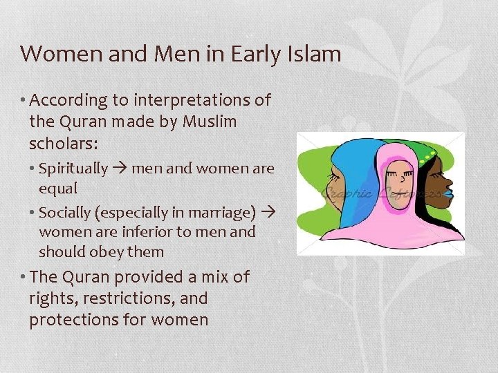 Women and Men in Early Islam • According to interpretations of the Quran made