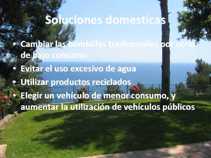 Soluciones domesticas • Cambiar las bombillas tradicionales por otras de bajo consumo • Evitar