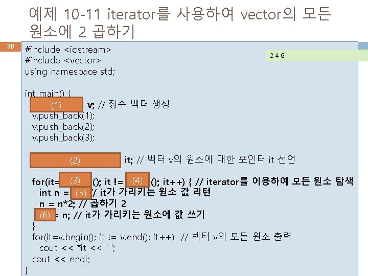 예제 10 -11 iterator를 사용하여 vector의 모든 원소에 2 곱하기 38 #include <iostream> #include