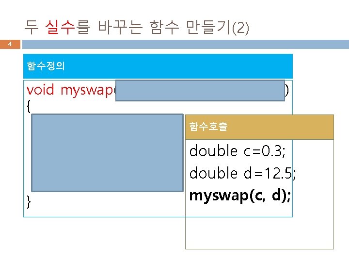 두 실수를 바꾸는 함수 만들기(2) 4 함수정의 void myswap(double & a, double & b)