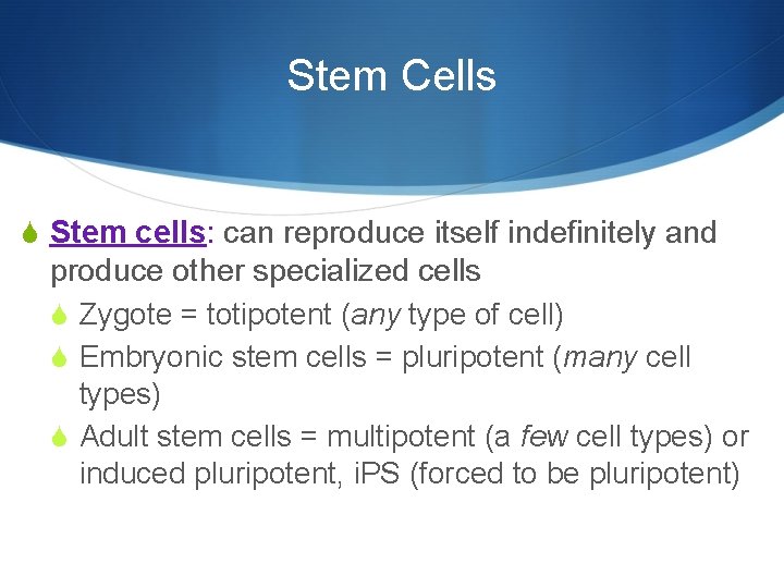 Stem Cells S Stem cells: can reproduce itself indefinitely and produce other specialized cells