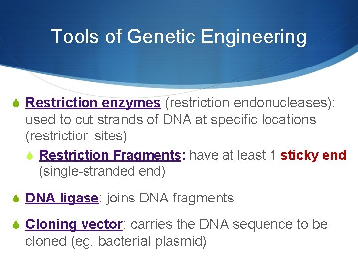 Tools of Genetic Engineering S Restriction enzymes (restriction endonucleases): used to cut strands of