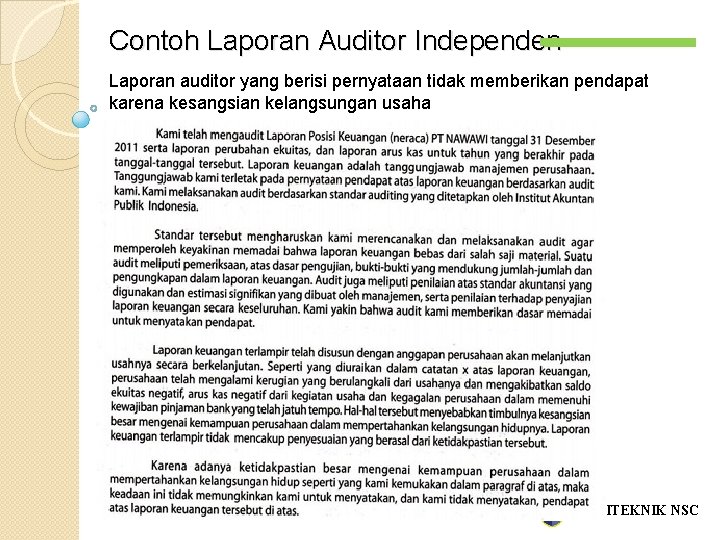 Contoh Laporan Auditor Independen Laporan auditor yang berisi pernyataan tidak memberikan pendapat karena kesangsian