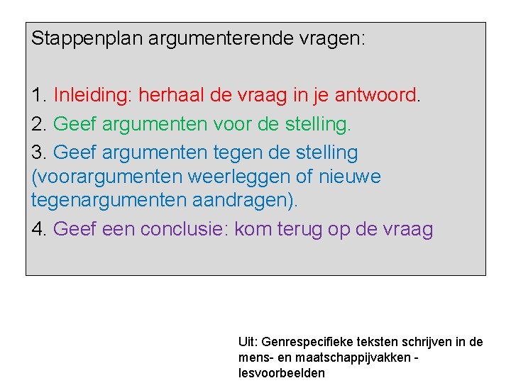 Stappenplan argumenterende vragen: 1. Inleiding: herhaal de vraag in je antwoord. 2. Geef argumenten