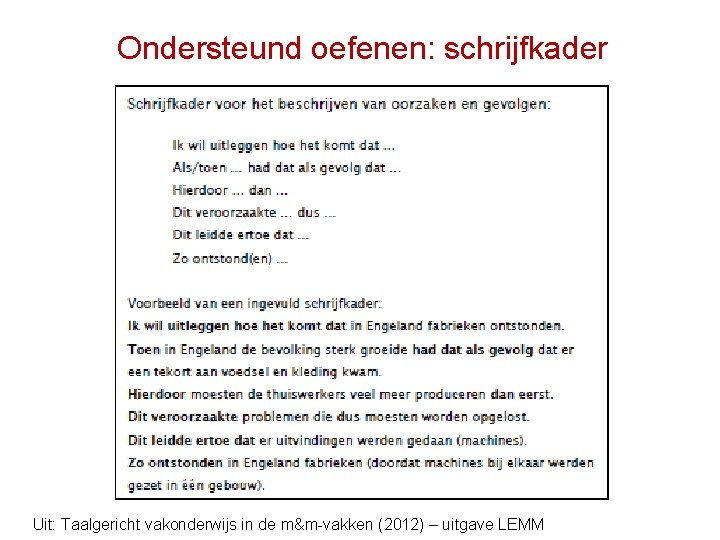 Ondersteund oefenen: schrijfkader Uit: Taalgericht vakonderwijs in de m&m-vakken (2012) – uitgave LEMM 