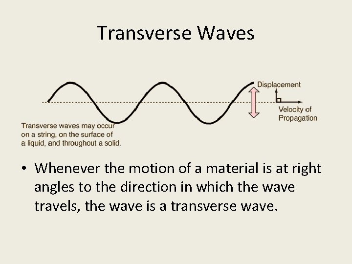 Transverse Waves • Whenever the motion of a material is at right angles to