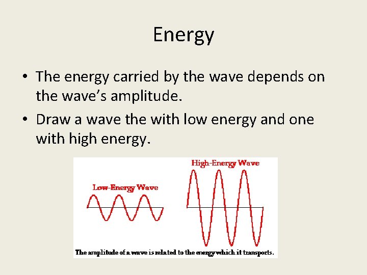 Energy • The energy carried by the wave depends on the wave’s amplitude. •