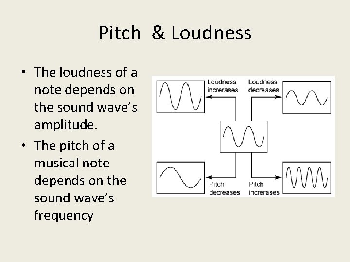 Pitch & Loudness • The loudness of a note depends on the sound wave’s