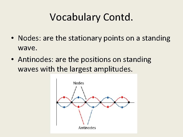Vocabulary Contd. • Nodes: are the stationary points on a standing wave. • Antinodes: