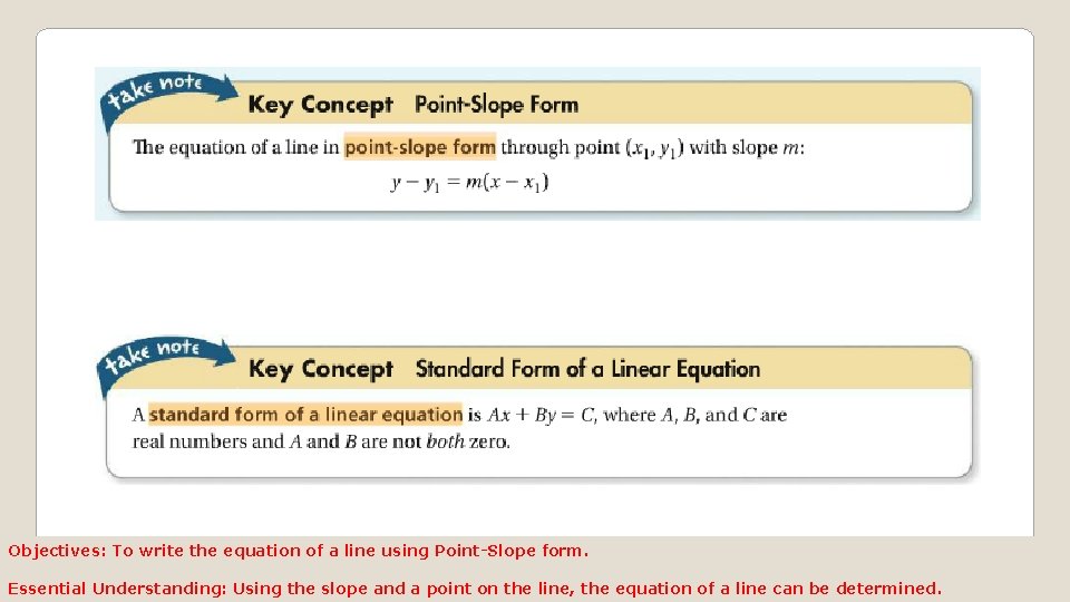 Objectives: To write the equation of a line using Point-Slope form. Essential Understanding: Using