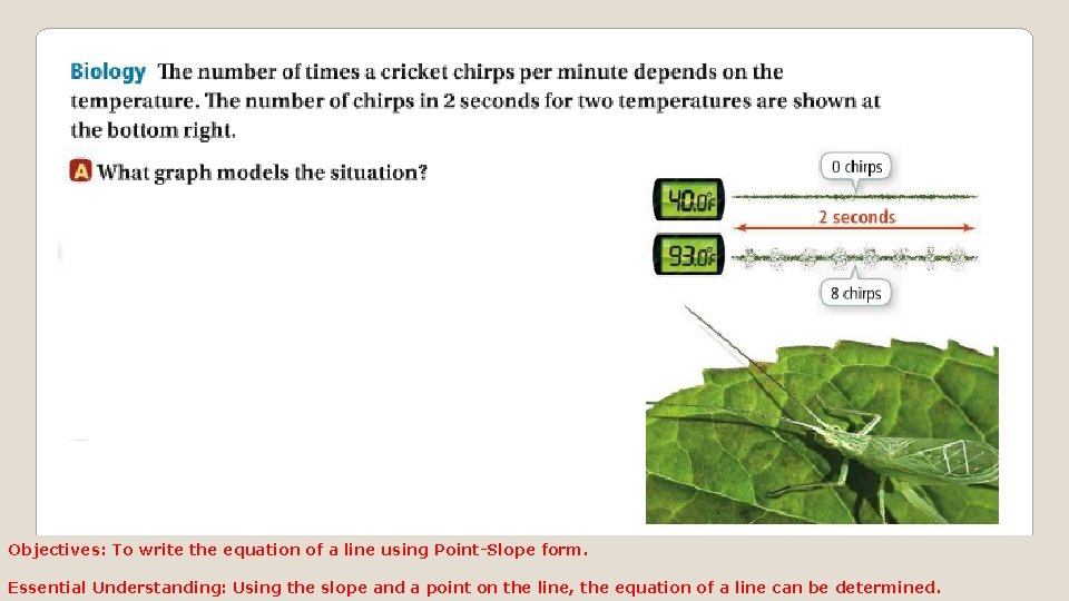 Objectives: To write the equation of a line using Point-Slope form. Essential Understanding: Using