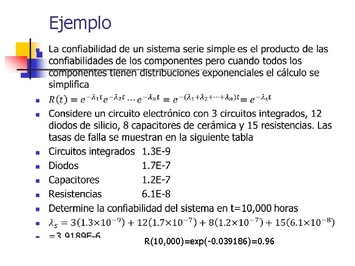 Ejemplo n R(10, 000)=exp(-0. 039186)=0. 96 
