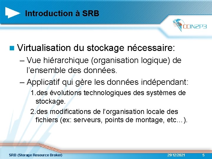 Introduction à SRB n Virtualisation du stockage nécessaire: – Vue hiérarchique (organisation logique) de