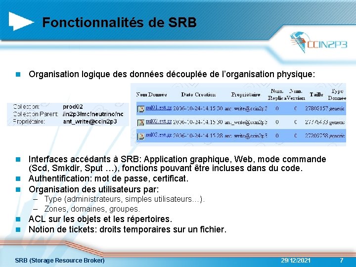 Fonctionnalités de SRB n Organisation logique des données découplée de l’organisation physique: Interfaces accédants