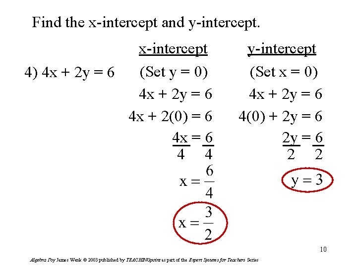 Find the x-intercept and y-intercept. x-intercept (Set y = 0) 4) 4 x +