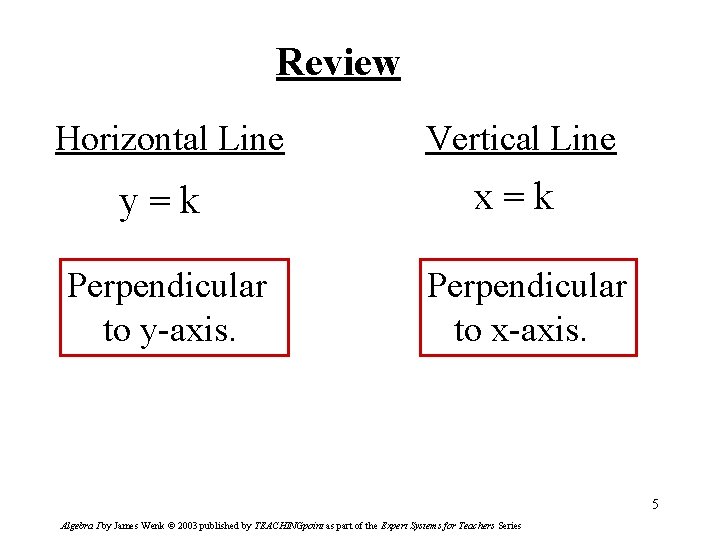 Review Horizontal Line Vertical Line y=k x=k Perpendicular to y-axis. Perpendicular to x-axis. 5