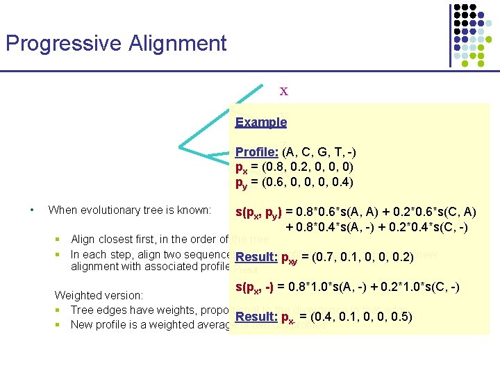 Progressive Alignment x y Example z Profile: (A, C, G, T, -) px =