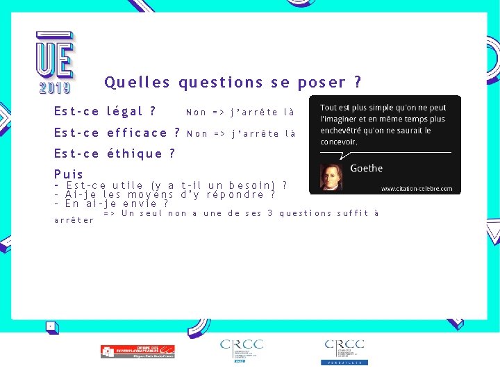 Quelles questions se poser ? Est-ce légal ? Non => j’arrête là Est-ce efficace