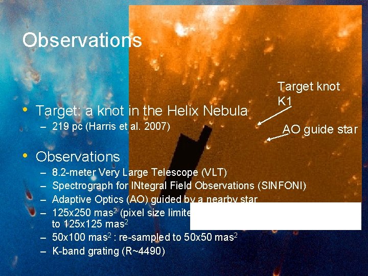 Observations • Target: a knot in the Helix Nebula – 219 pc (Harris et