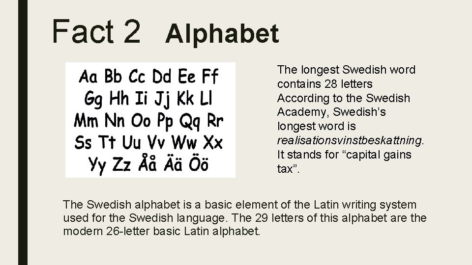 Fact 2 Alphabet The longest Swedish word contains 28 letters According to the Swedish