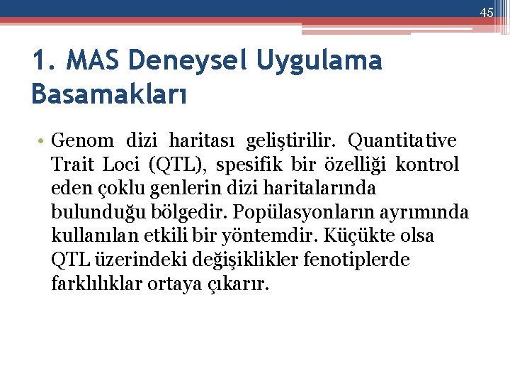 45 1. MAS Deneysel Uygulama Basamakları • Genom dizi haritası geliştirilir. Quantitative Trait Loci