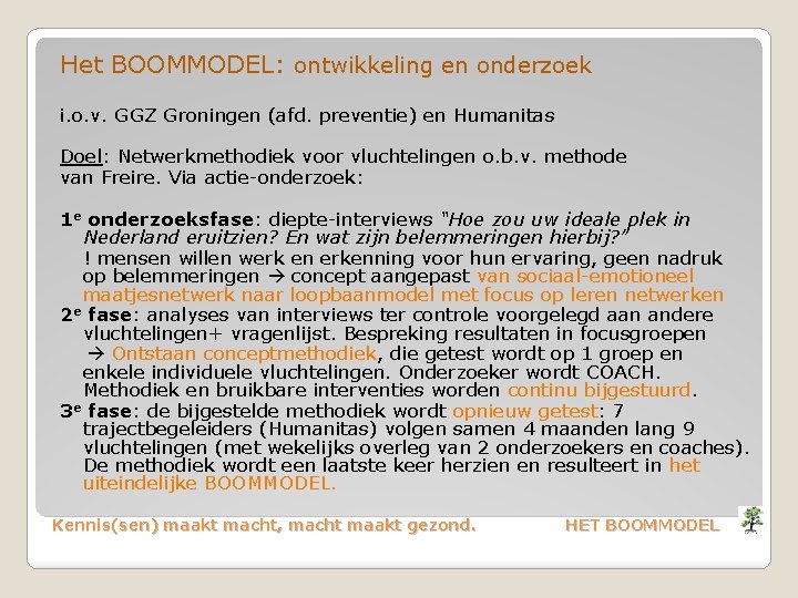 Het BOOMMODEL: ontwikkeling en onderzoek i. o. v. GGZ Groningen (afd. preventie) en Humanitas