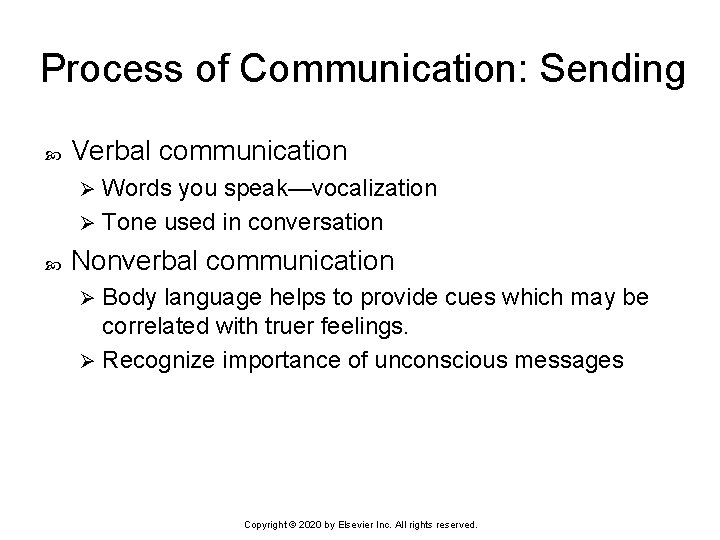 Process of Communication: Sending Verbal communication Words you speak—vocalization Ø Tone used in conversation