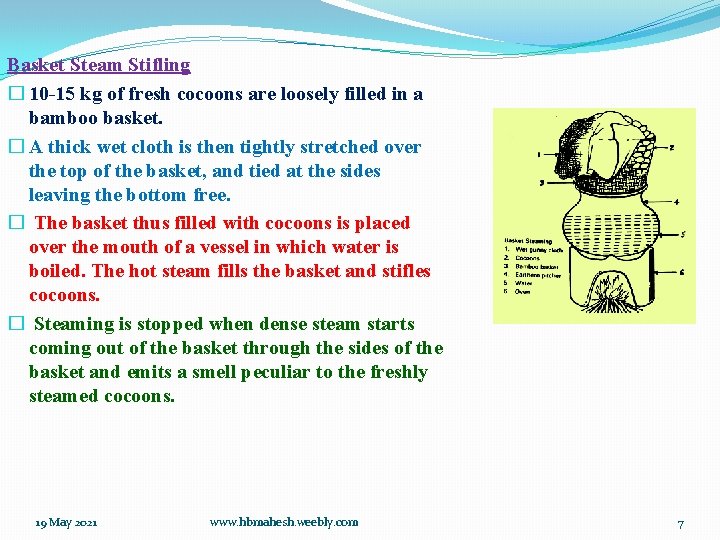 Basket Steam Stifling � 10 -15 kg of fresh cocoons are loosely filled in