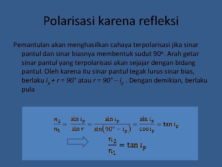 Polarisasi karena refleksi Pemantulan akan menghasilkan cahaya terpolarisasi jika sinar pantul dan sinar biasnya